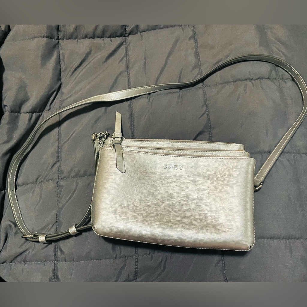 Dkny Metallic Silver Triple Zipper Crossbody
